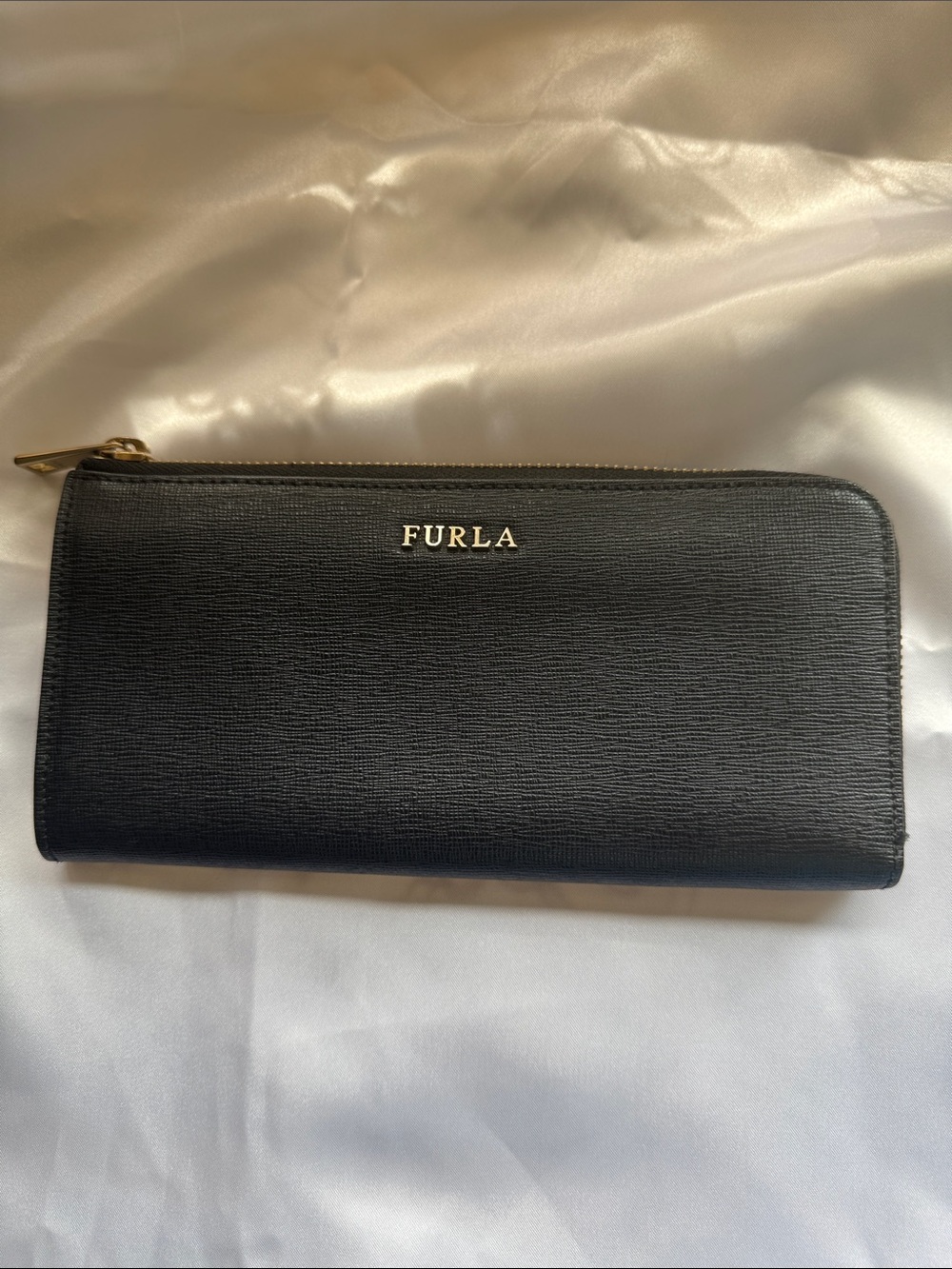 Furla Black Saffiano Zip Wallet with Gold Logo
